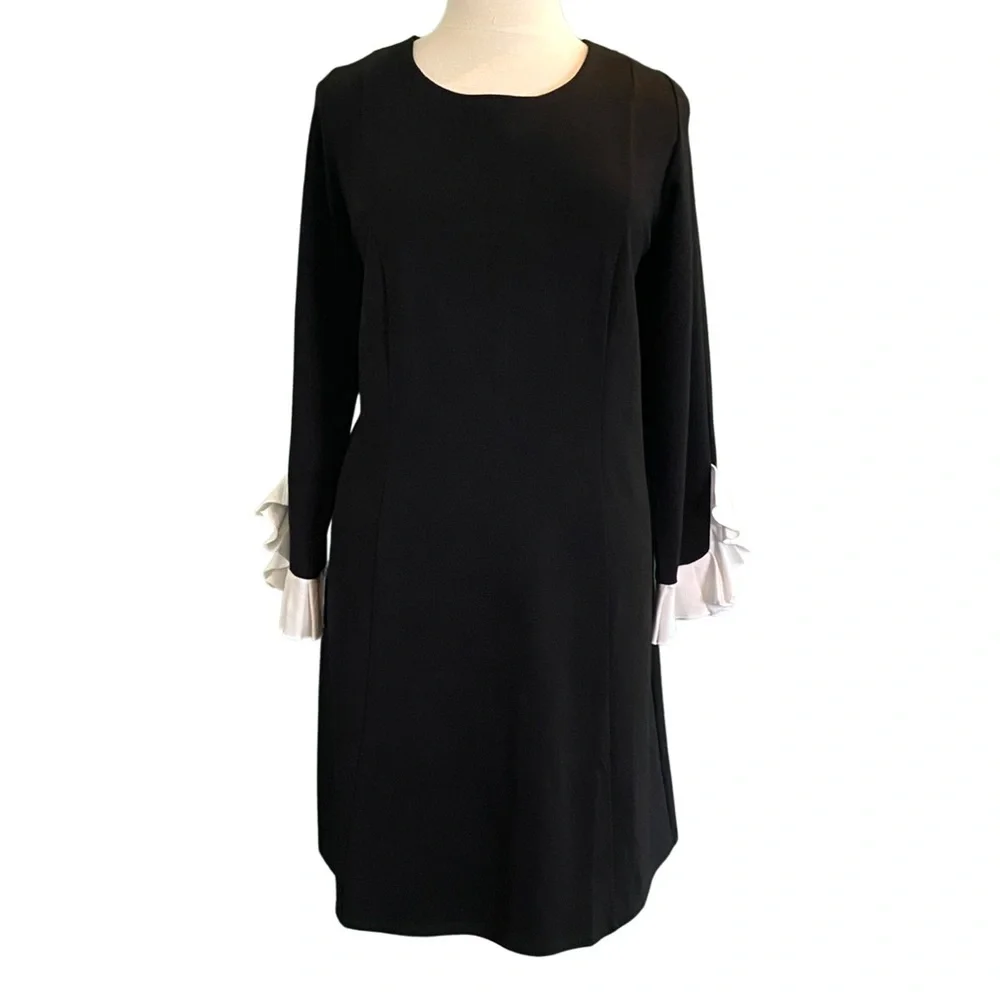 Eloquii Long Sleeve Ivory Ruffle Cuff Round Neck Black Knit Sheath Dress Size 22 - Picture 3 of 8